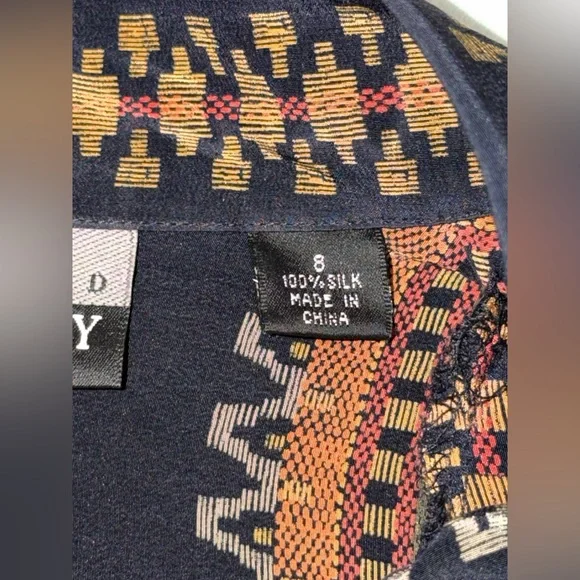 Vintage 90s Ellen Tracy Silk Blouse Geometric Stripe Navy Boho Oversized Size8 - Picture 9 of 10